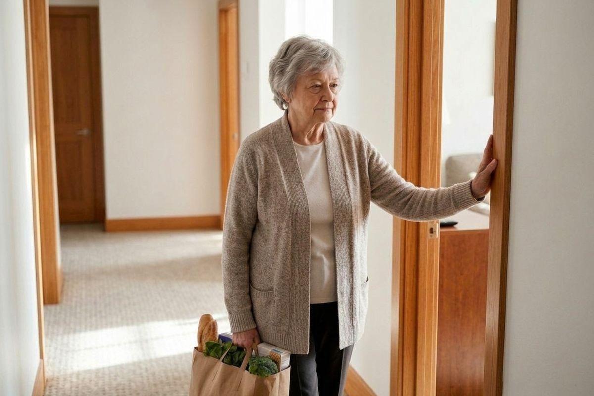 A senior in a cardigan stands in a home doorway holding a paper grocery bag, steadying one hand against the door frame.