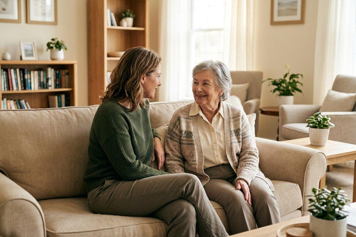 Two women discuss assisted living options on a couch